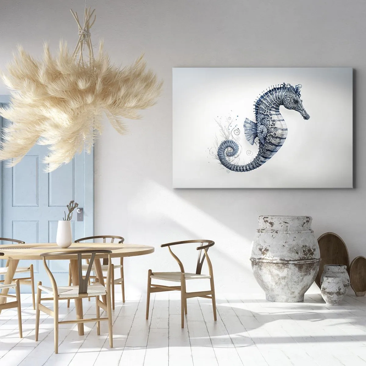 Lærredstryk - Billede på lærred - Søhest i blå nuancer med akvareldetaljer - 70x50cm - En subtil vittighed fra naturen - Moderne vægdekoration til stue og soveværelse ARTTOR
