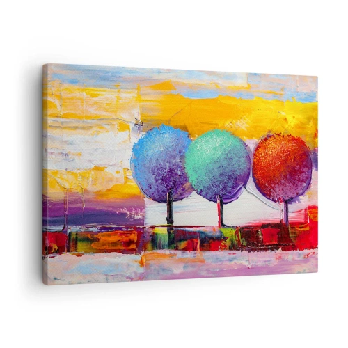 Lærredstryk - Billede på lærred - Tre farverige træer på en abstrakt baggrund - 70x50cm - Tredje gang er lykkens gang - Moderne vægdekoration til stue og soveværelse ARTTOR