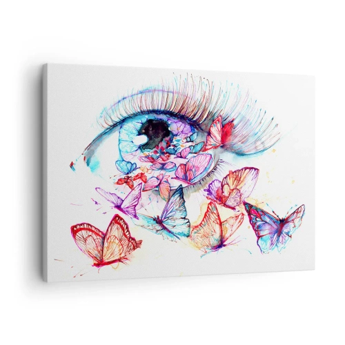 Lærredstryk - Billede på lærred - Et akvareløje omgivet af farverige sommerfugle - 70x50cm - Eventyrlige øjne - Moderne vægdekoration til stue og soveværelse ARTTOR