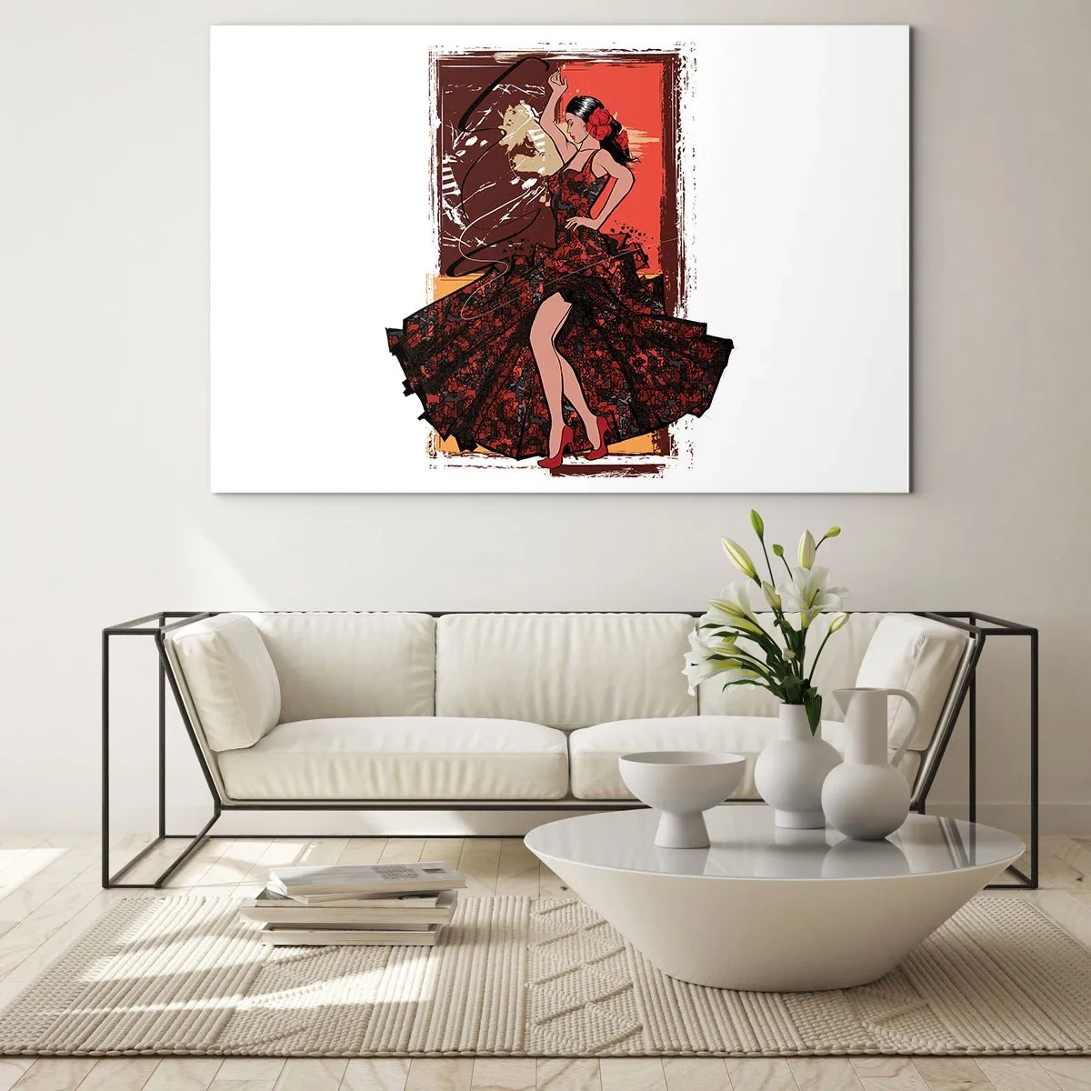 Billede på glas - Flamencodanser i en elegant rød og sort kjole - 70x50cm - I hjertets rytme - Moderne vægdekoration til stue og soveværelse ARTTOR
