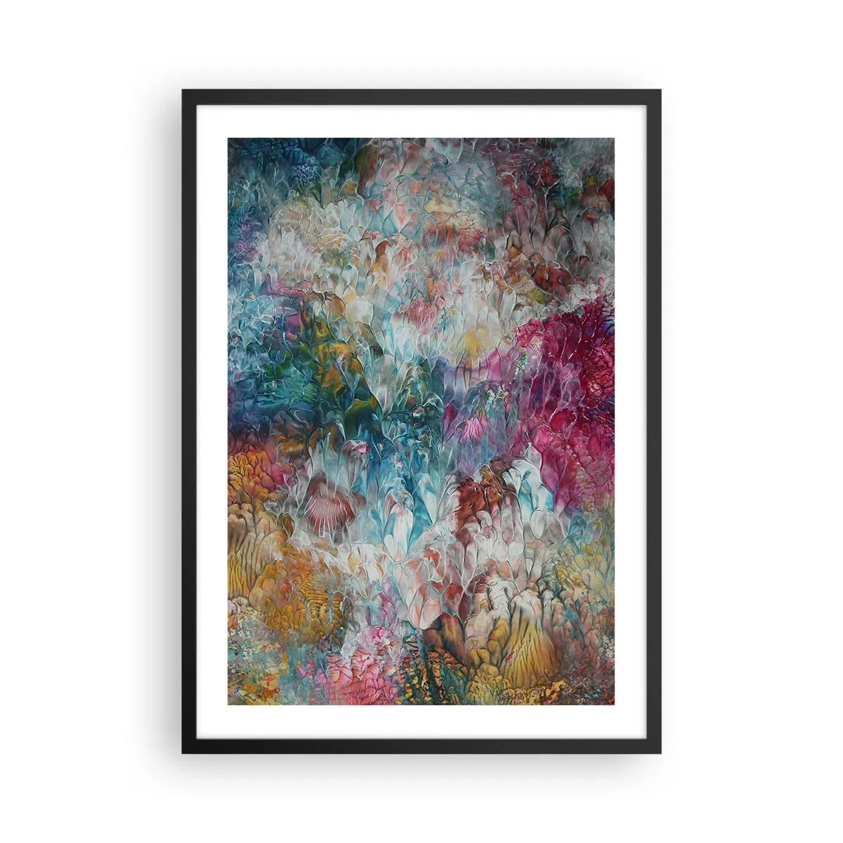 Plakat i sort ramme - En abstrakt komposition, der ligner blomstrende blomster - 50x70cm - I fuldt flor - Moderne vægdekoration til stue og soveværelse ARTTOR