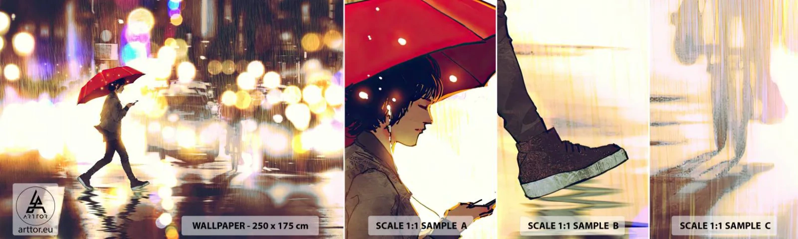 Prøve Fototapet Selvklæbende Deluxe Sticker - Alligevel solrigt - By, Gå i regnen, Paraply - 100x30 cm