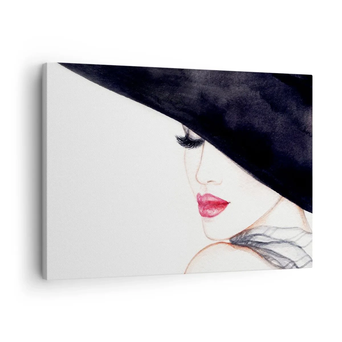 Lærredstryk - Billede på lærred - En diskret illustration af en kvinde i en sort hat med røde læber - 70x50cm - Elegance og sensualitet - Moderne vægdekoration til stue og soveværelse ARTTOR