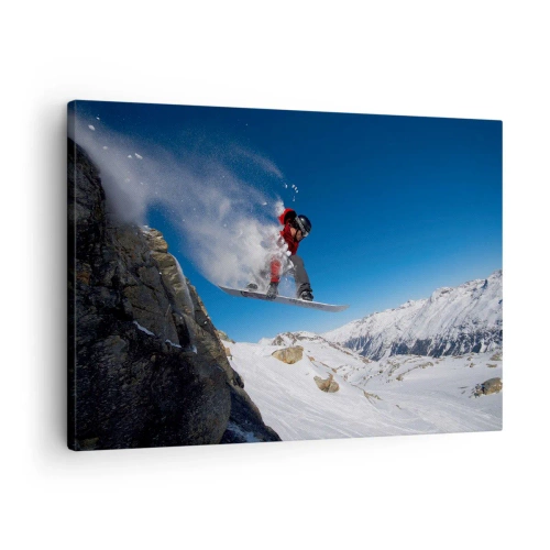 Lærredstryk - Billede på lærred - En snowboarder hopper fra en klippe mod et bjerglandskab - 70x50cm - Og du er blevet en del af rummet - Moderne vægdekoration til stue og soveværelse ARTTOR
