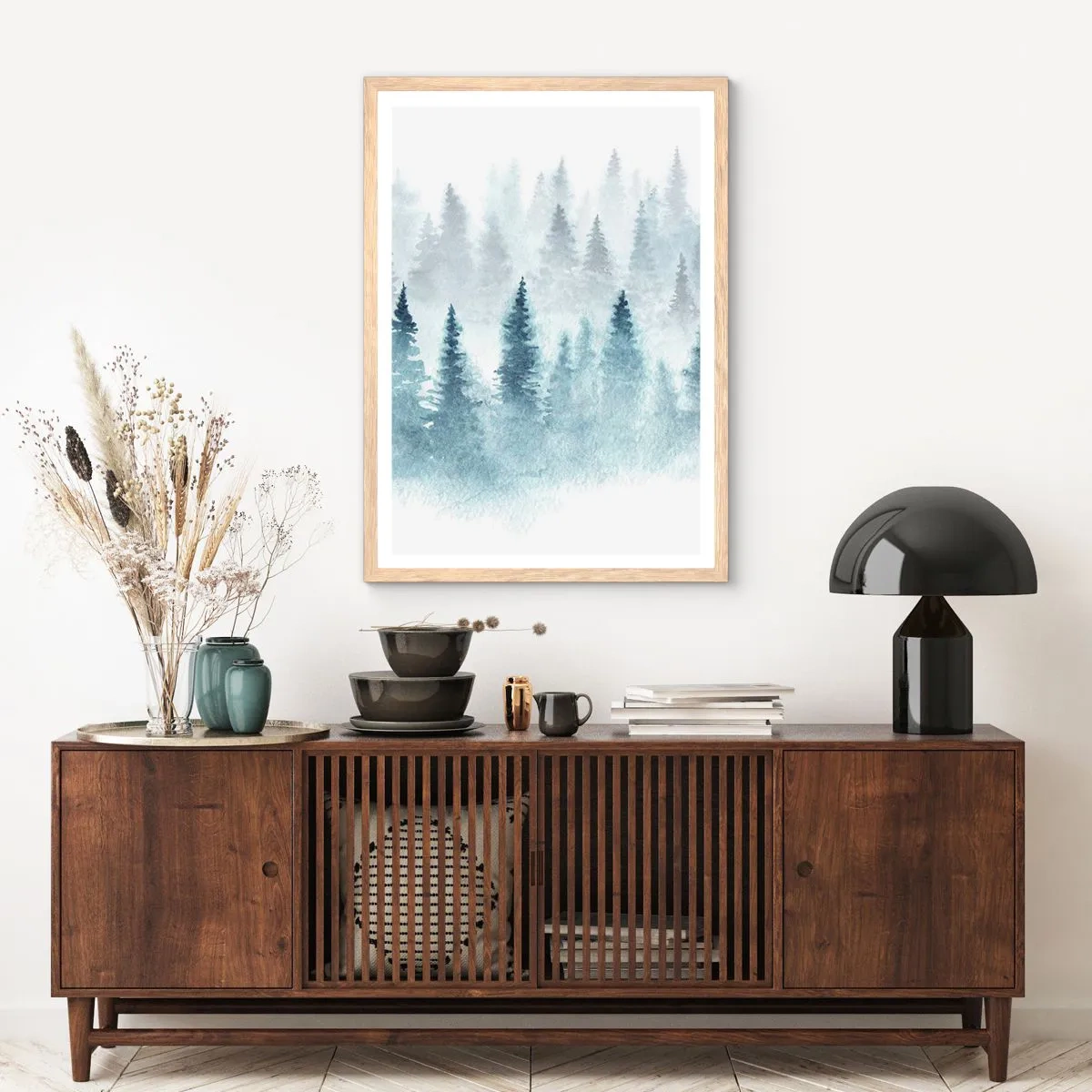 Plakat i ramme af lyst egetræ - Indhyllet i tåge - 70x100 cm