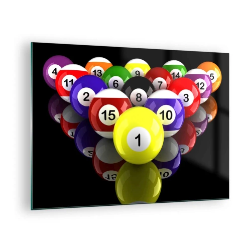 Billede på glas - Farverige billardkugler arrangeret på en sort baggrund - 70x50cm - Forskellige farver af leg - Moderne vægdekoration til stue og soveværelse ARTTOR