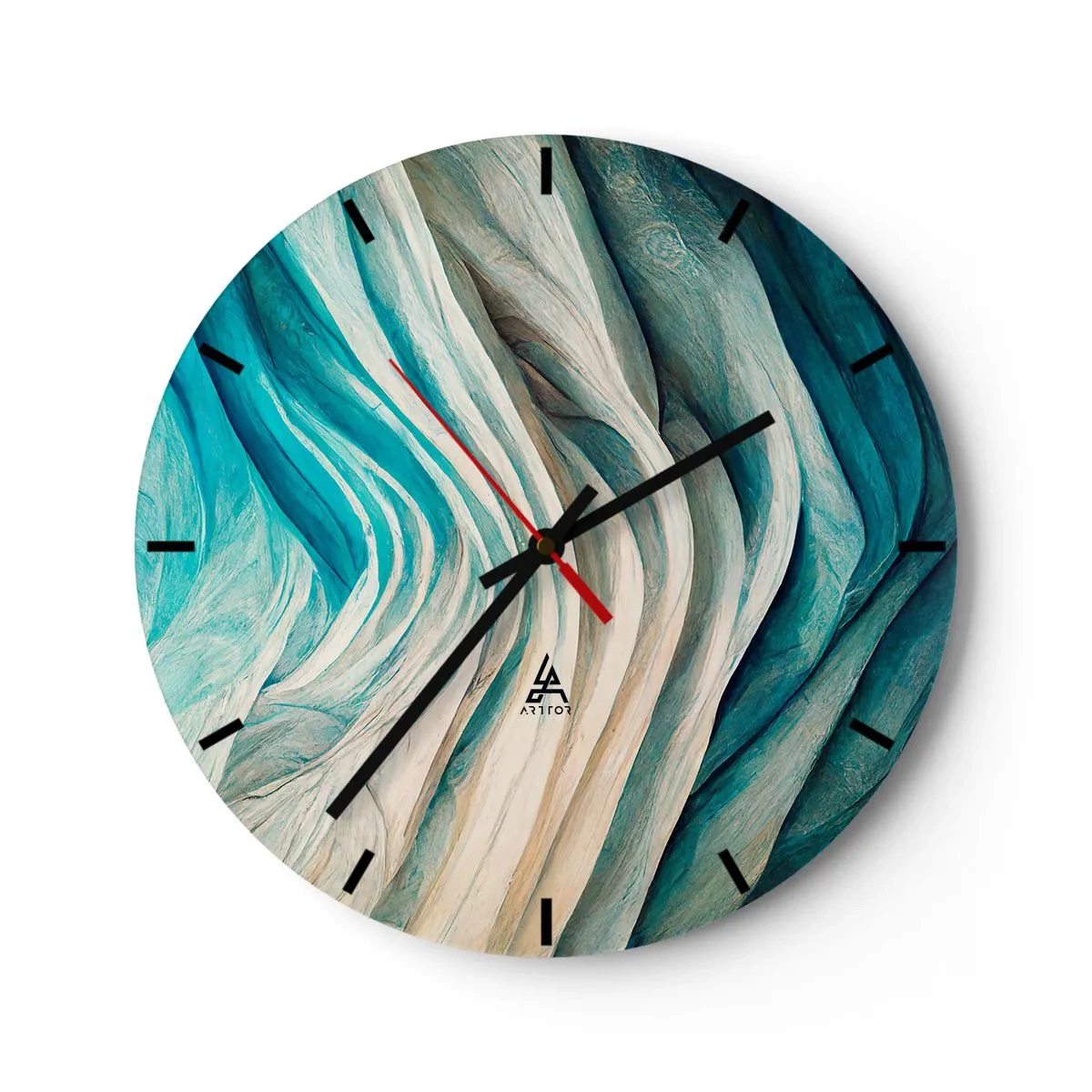 Vægur, Uret - Organiske bølger i nuancer af blå, beige og turkis - 30x30cm - Blå umættelighed - Moderne vægdekoration til stue, køkken og soveværelse ARTTOR