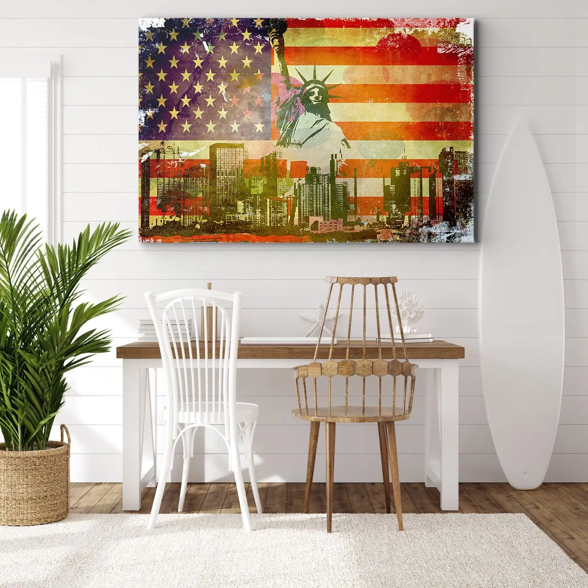 Lærredstryk - Billede på lærred - Frihedsgudinden med det amerikanske flag og byens skyline som baggrund - 70x50cm - Viva America! - Moderne vægdekoration til stue og soveværelse ARTTOR