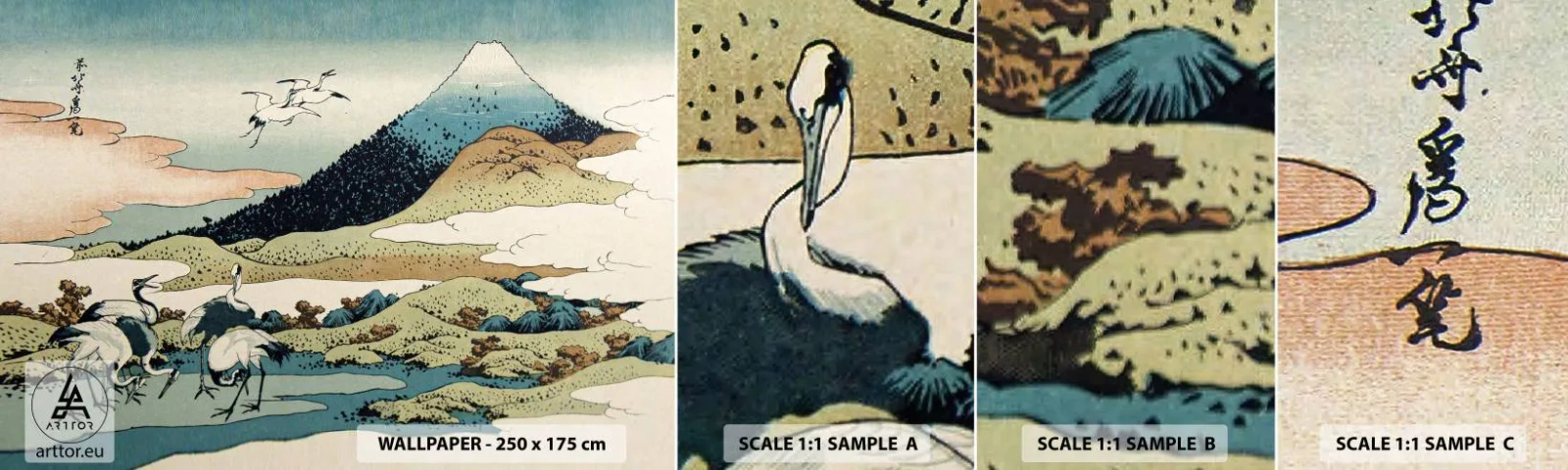 Prøve Fototapet Selvklæbende Deluxe Sticker - I japansk ånd - stork, Fugl, Landskab - 100x30 cm