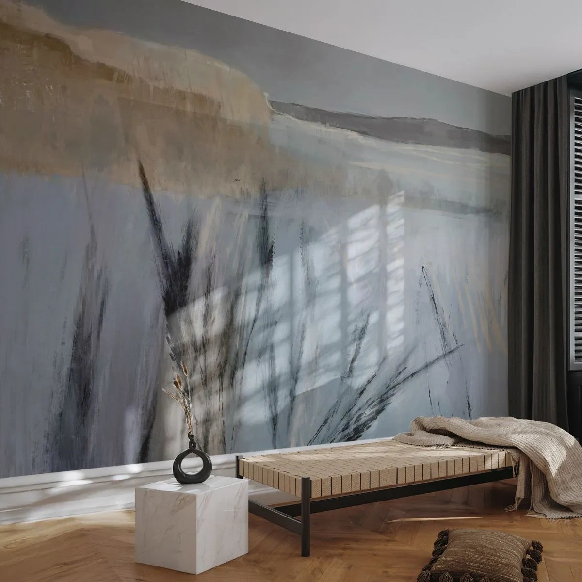 Fototapet Standard Eco - Maleriske vintergræsmarker mod en pastelfarvet himmel - 100x70cm - Vintermarker - Moderne vægdekoration til stue og soveværelse ARTTOR