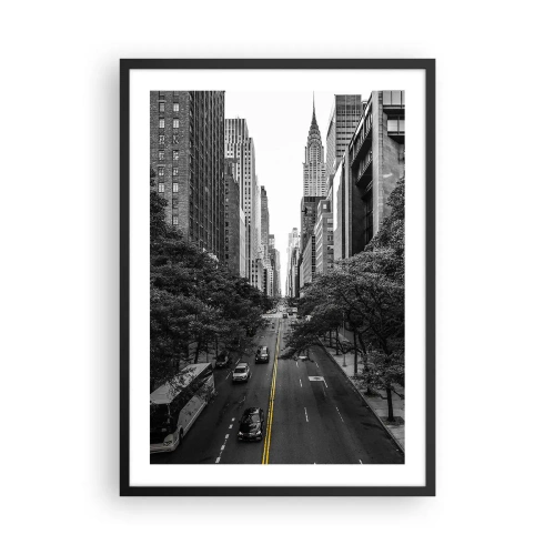 Plakat i sort ramme - Sort-hvidt bypanorama med en gul linje på vejen - 50x70cm - New York morgen - Moderne vægdekoration til stue og soveværelse ARTTOR