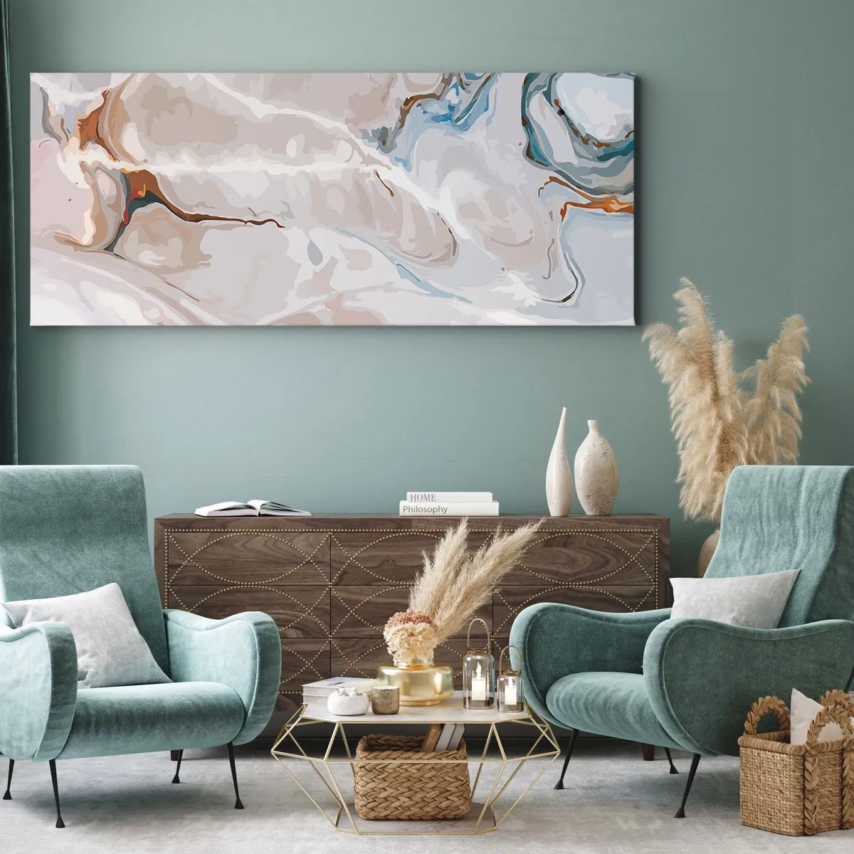 Lærredstryk - Billede på lærred - Blå slynger sig under det hvide - 100x40 cm