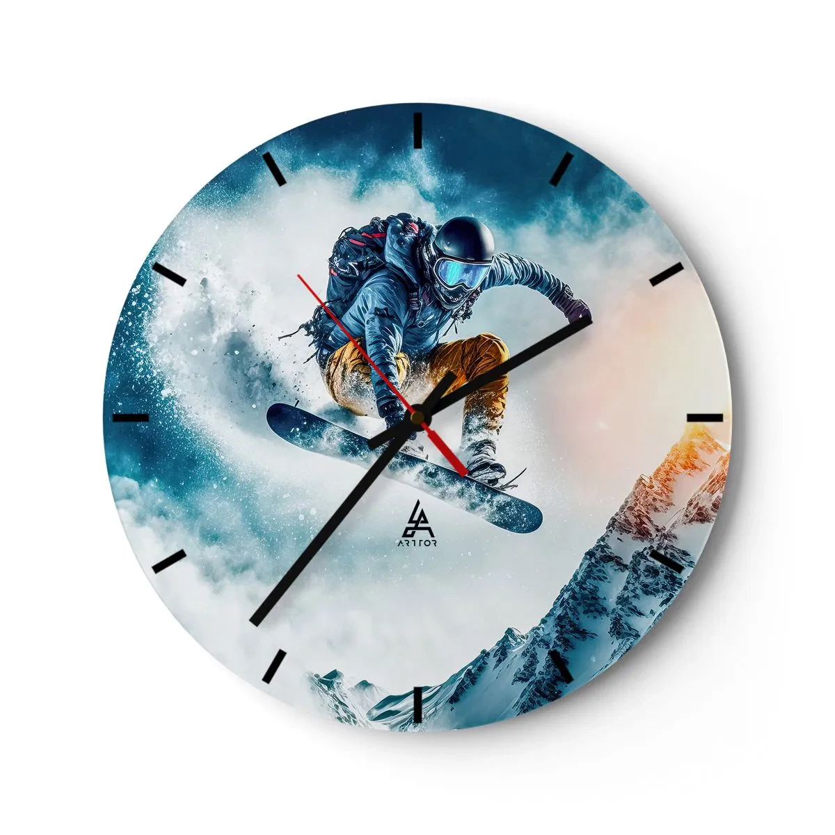 Vægur, Uret - En snowboarder i luften mod en baggrund af bjerge og en snestorm - 30x30cm - Ekstreme følelser - Moderne vægdekoration til stue, køkken og soveværelse ARTTOR