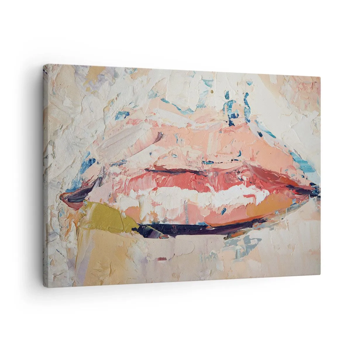 Lærredstryk - Billede på lærred - En abstrakt komposition, der forestiller en kvindes læber i pastelfarver. - 70x50cm - Vækker sanserne - Moderne vægdekoration til stue og soveværelse ARTTOR