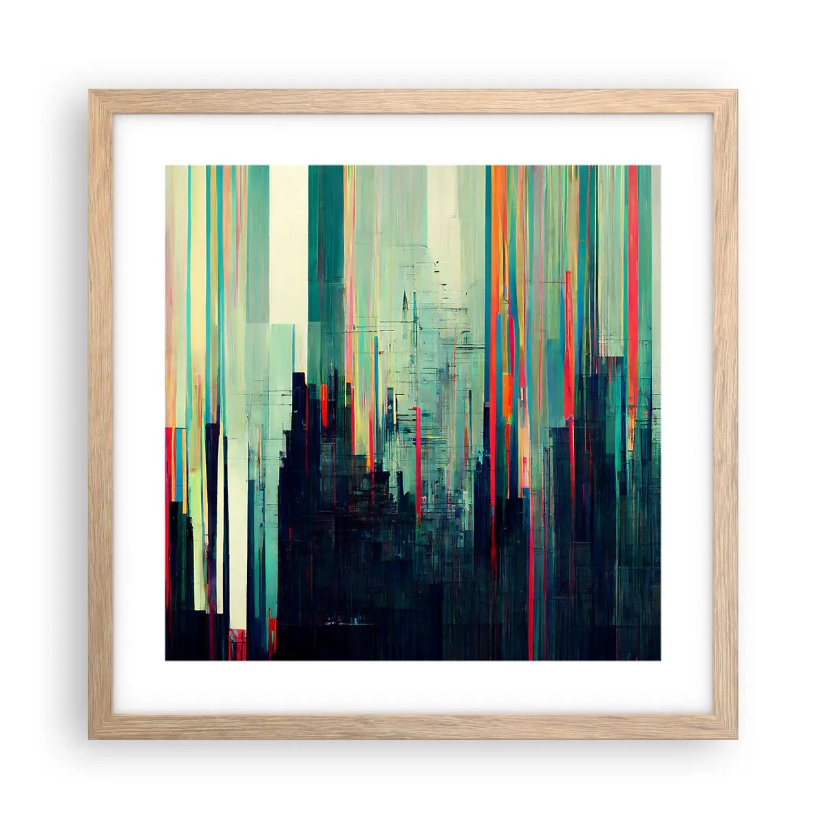 Plakat i ramme af lyst egetræ - Futuristisk by - 40x40 cm