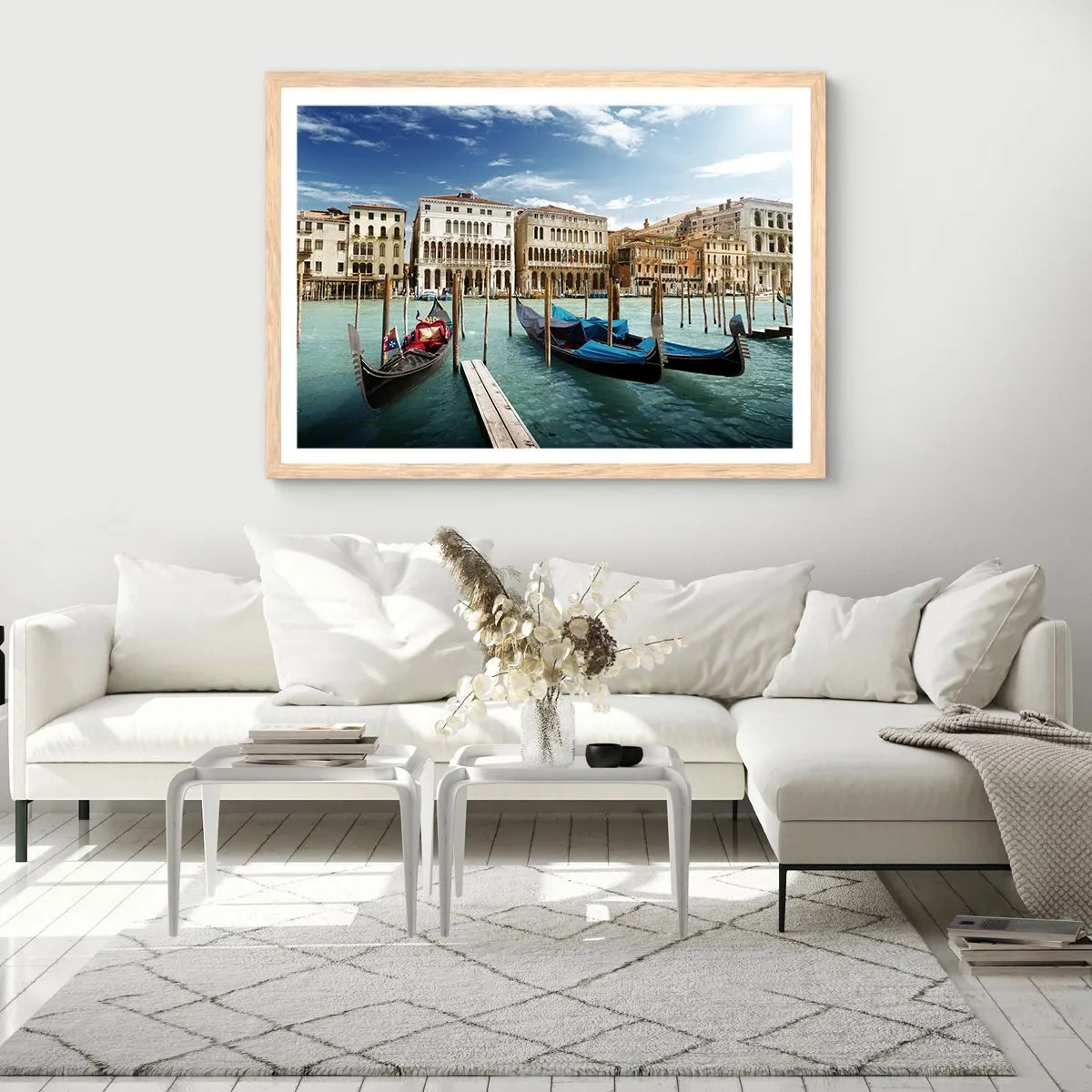 Plakat i ramme af lyst egetræ - Paladser i blåt - 40x30 cm