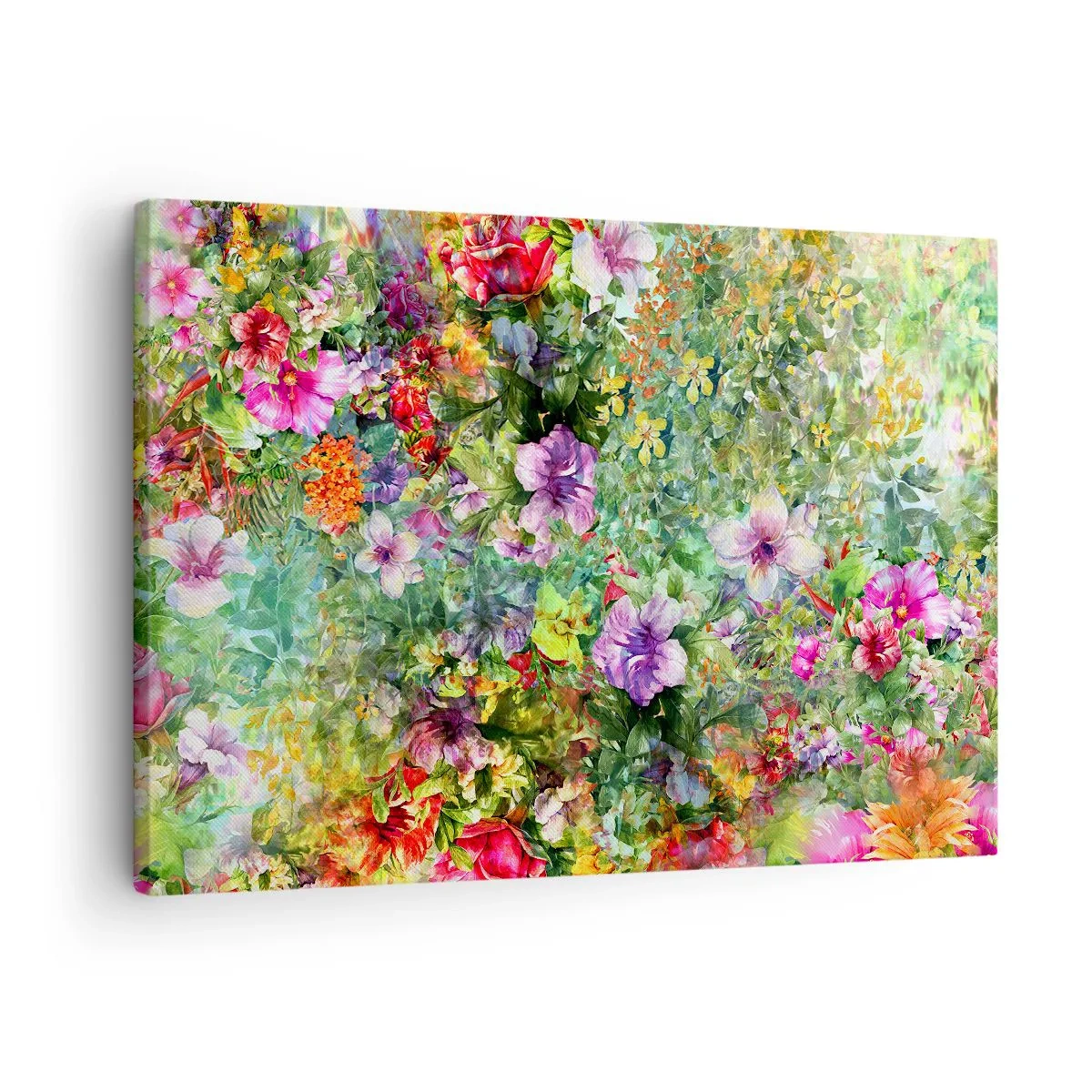 Lærredstryk - Billede på lærred - Et farverigt blomsterarrangement på en grøn baggrund - 70x50cm - Ind i blomsterne ved fortabelse - Moderne vægdekoration til stue og soveværelse ARTTOR