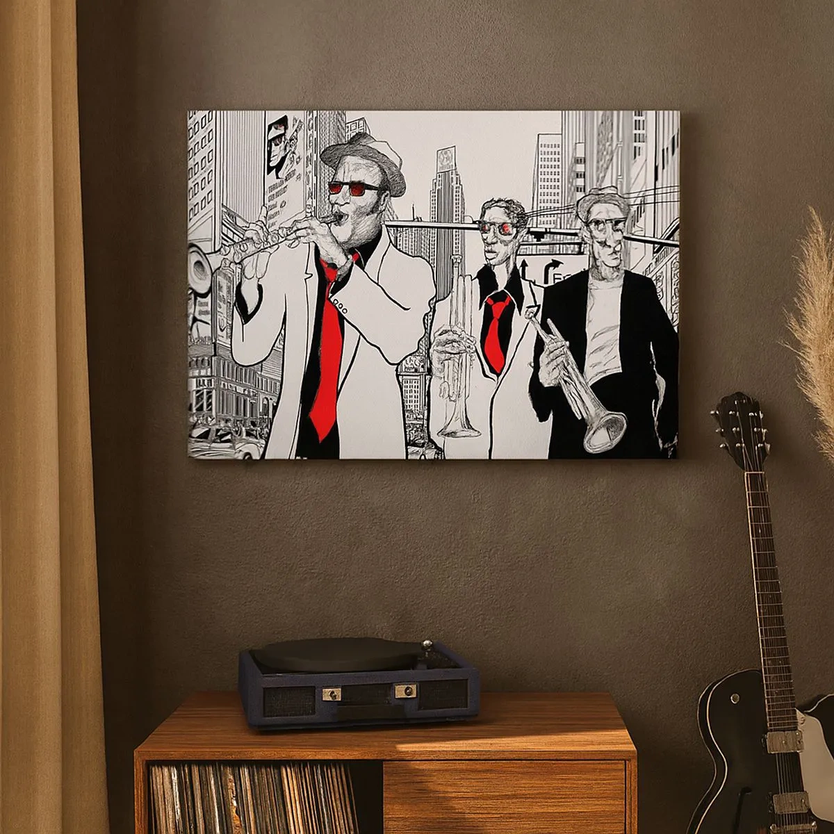 Lærredstryk - Billede på lærred - Illustration af jazzmusikere mod en urban baggrund - 70x50cm - By rapsodi i sort og rødt - Moderne vægdekoration til stue og soveværelse ARTTOR