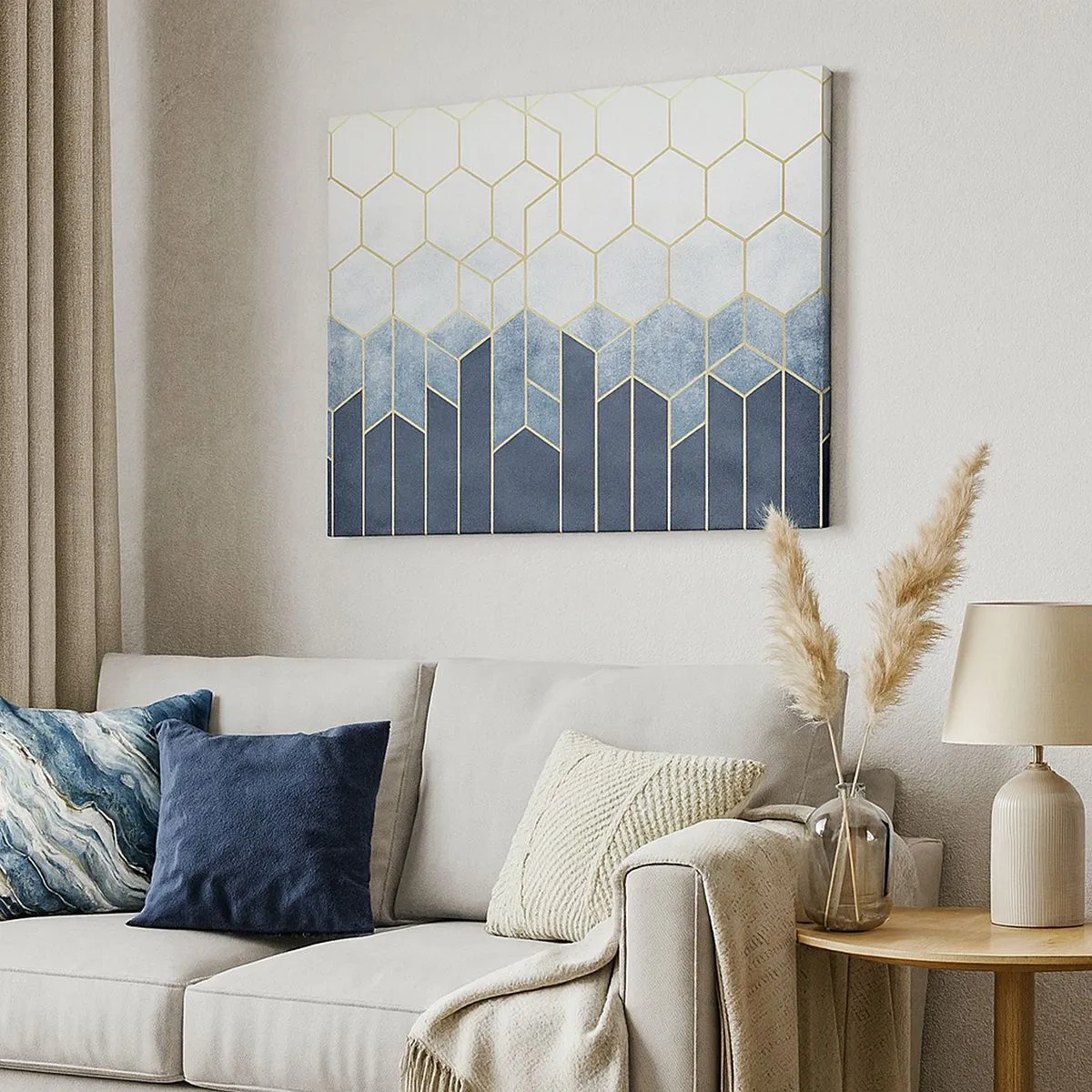 Lærredstryk - Billede på lærred - Geometrisk mønster i nuancer af guld og marineblå - 70x50cm - Komposition i synkoperet rytme - Moderne vægdekoration til stue og soveværelse ARTTOR