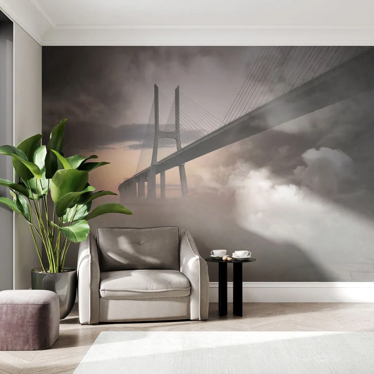 Fototapet Premium Canvas - På en flod, der ikke eksisterer - Landskab, Bro, Arkitektur - 250x175 cm
