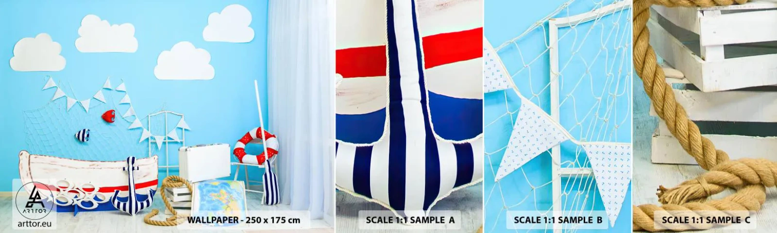 Prøve Fototapet Selvklæbende Deluxe Sticker - Et barns længsel efter eventyr - For børn, Nautisk, Fiskebåd - 100x30 cm