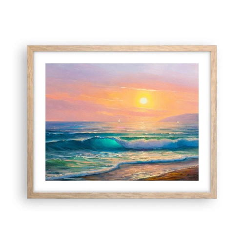 Plakat i ramme af lyst egetræ - Bølgernes turkisfarvede sang - 50x40 cm