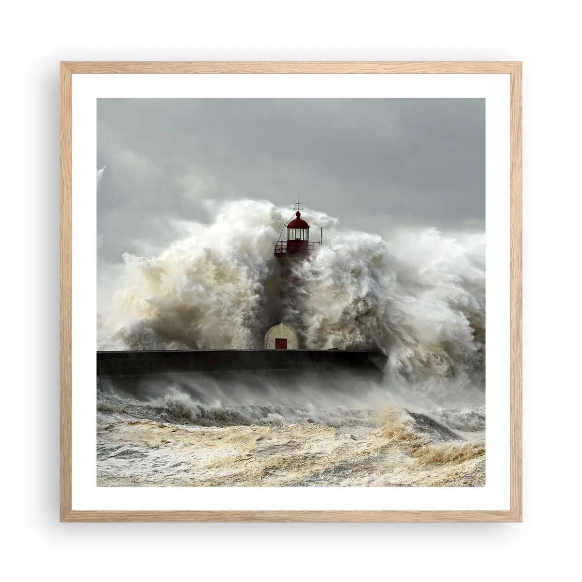 Plakat i ramme af lyst egetræ - Havets vrede - 60x60 cm