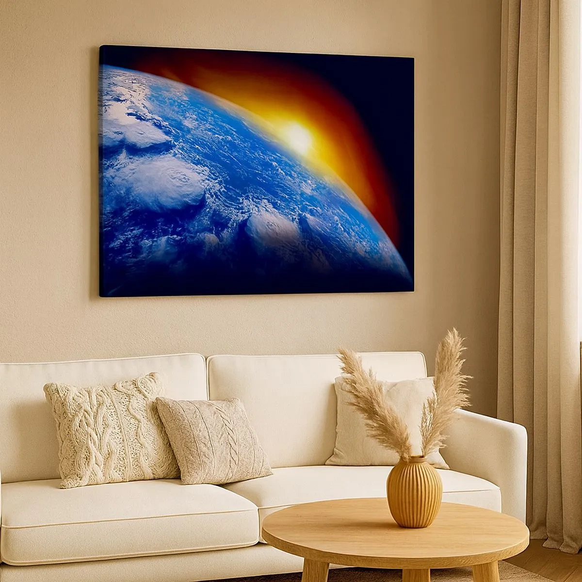 Lærredstryk - Billede på lærred - Udsigt over Jorden fra rummet ved solnedgang - 70x50cm - Solopgang over den blå planet - Moderne vægdekoration til stue og soveværelse ARTTOR