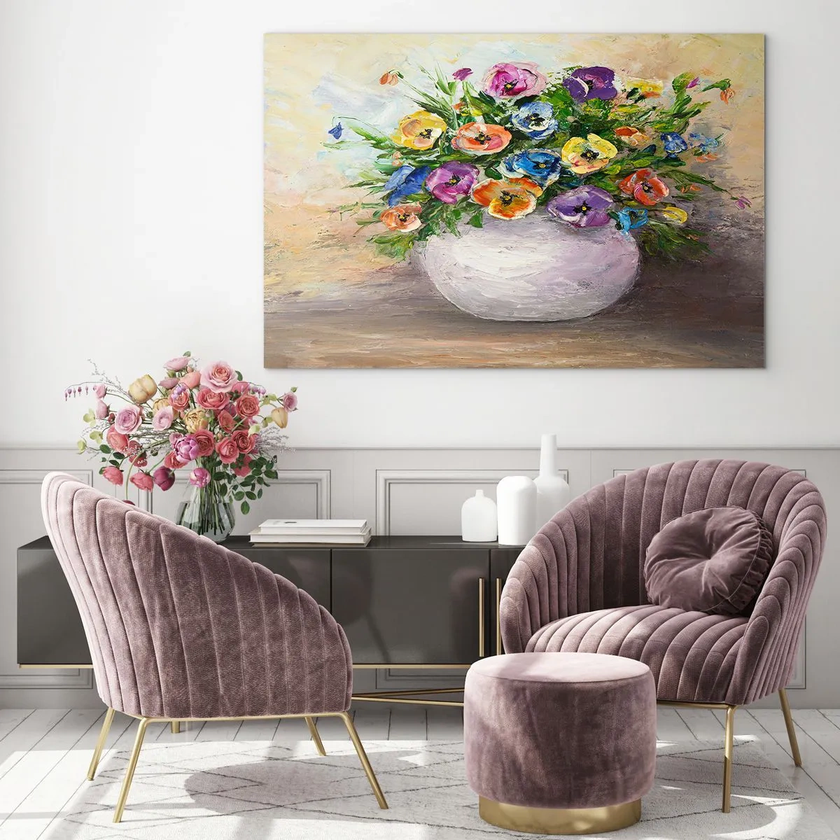 Billede på glas - En buket farverige blomster i en hvid vase - 70x50cm - Stilleben med hvid vase - Moderne vægdekoration til stue og soveværelse ARTTOR