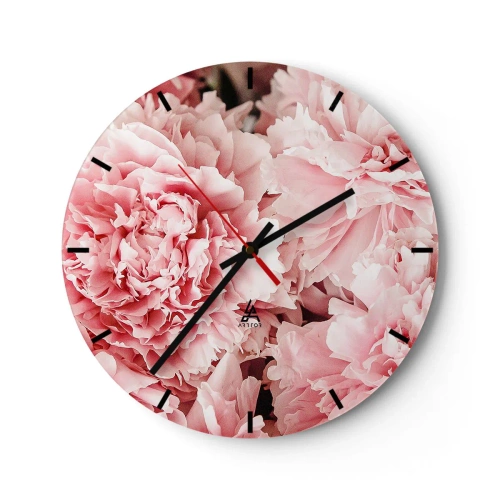 Vægur, Uret - Nærbillede af frodige lyserøde pæoner i fuldt flor - 30x30cm - Lyserød drøm - Moderne vægdekoration til stue, køkken og soveværelse ARTTOR