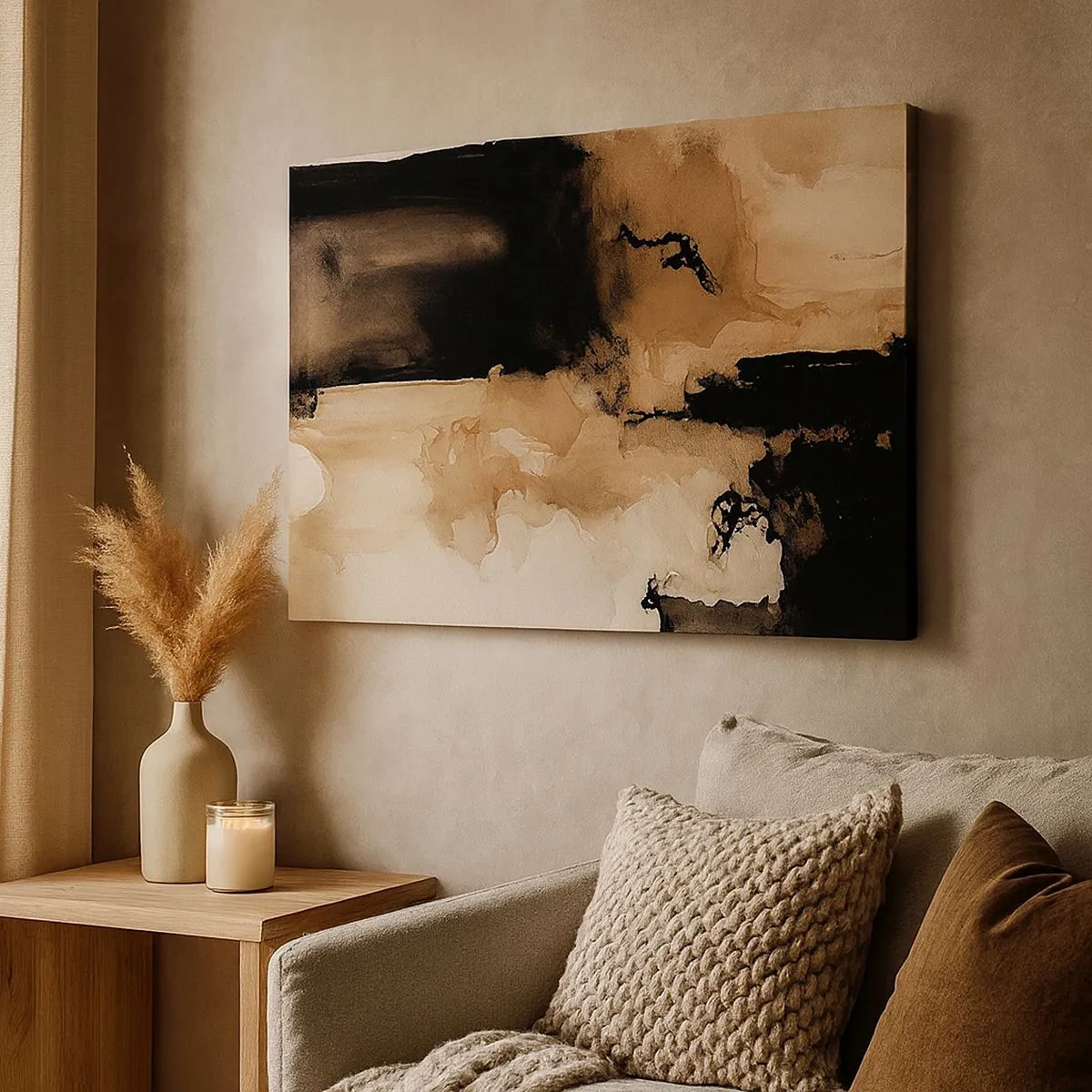 Lærredstryk - Billede på lærred - Abstrakt komposition i nuancer af brunt og sort - 70x50cm - En spændende abstraktion - Moderne vægdekoration til stue og soveværelse ARTTOR