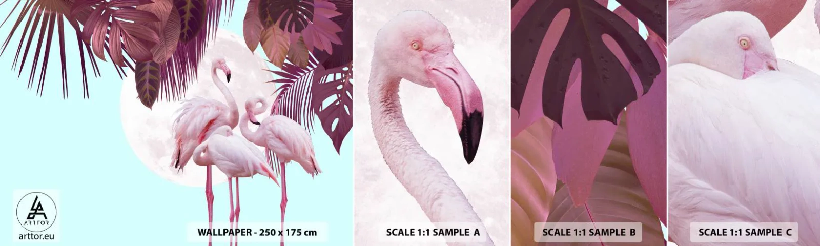 Prøve Fototapet Selvklæbende Deluxe Sticker - Tre fugles ynde - Flamingoer, Fugle, Natur - 100x30 cm