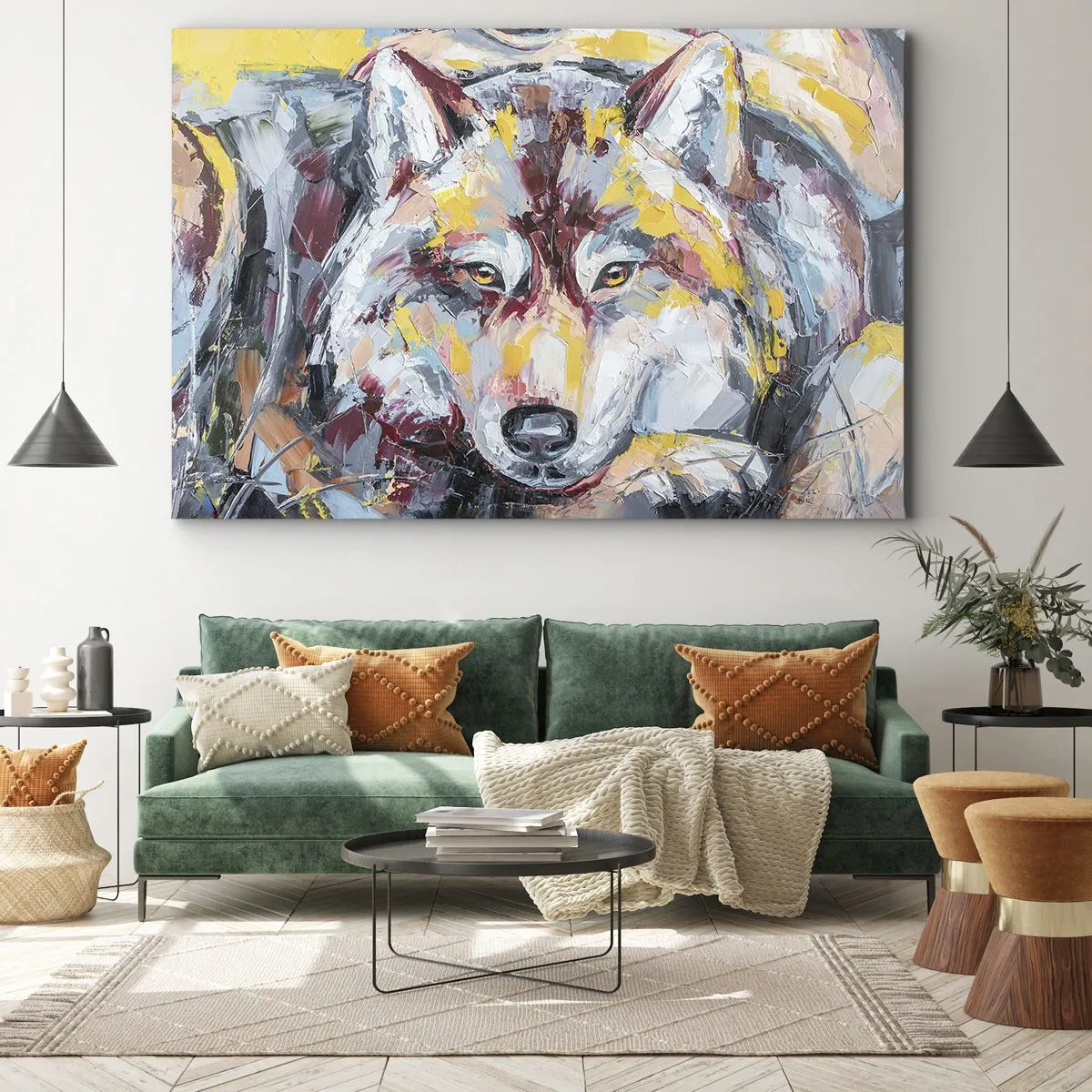 Lærredstryk - Billede på lærred - Kunstnerisk portræt af en ulv i intense farver - 70x50cm - Fred blandt kære - Moderne vægdekoration til stue og soveværelse ARTTOR