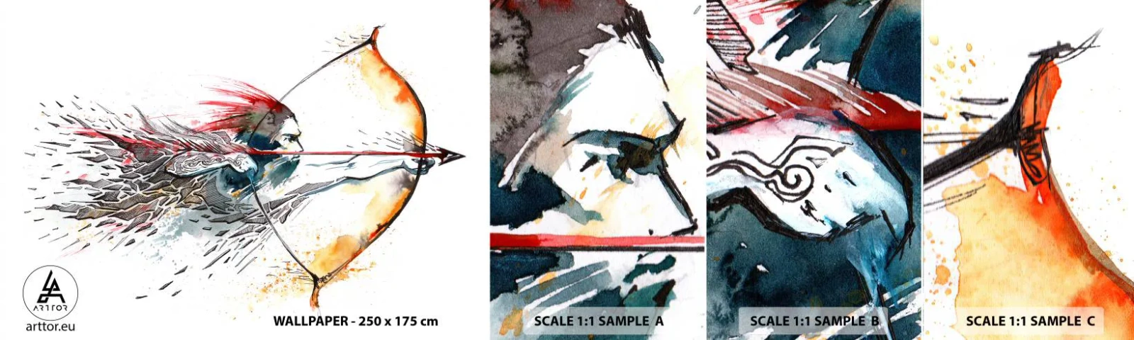 Prøve Fototapet Selvklæbende Deluxe Sticker - Mytisk kriger med en brændende bue - Abstraktion, Revolvermand, Bueskud - 100x30 cm