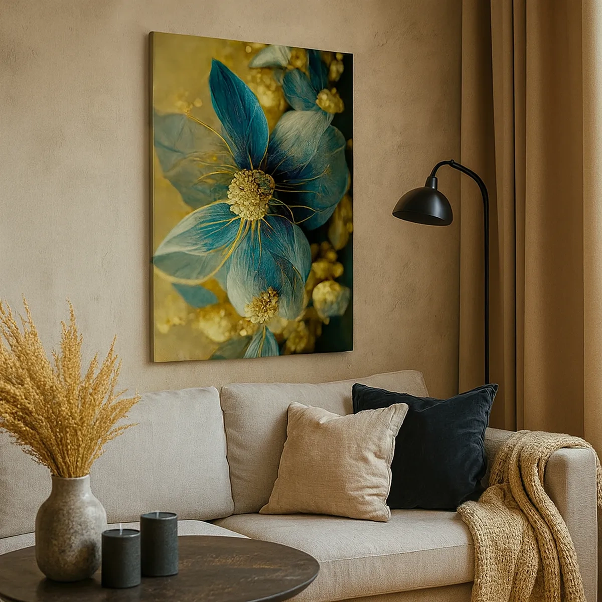 Lærredstryk - Billede på lærred - Blomstre med guld - 50x70 cm