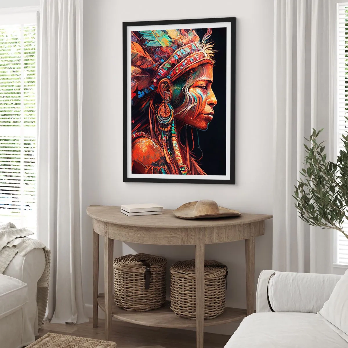Plakat i sort ramme - Portræt af en kvinde i traditionel fjerhovedbeklædning - 50x70cm - Et magisk ritual - Moderne vægdekoration til stue og soveværelse ARTTOR
