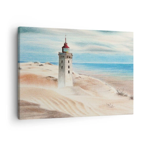 Lærredstryk - Billede på lærred - Et fyrtårn omgivet af klitter og en blå himmel - 70x50cm - Altid med blikket rettet mod havet - Moderne vægdekoration til stue og soveværelse ARTTOR