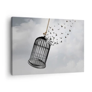 Lærredstryk - Billede på lærred - Fugle, der flyver ud af et bur mod himlen - 70x50cm - Tro...håb...frihed! - Moderne vægdekoration til stue og soveværelse ARTTOR