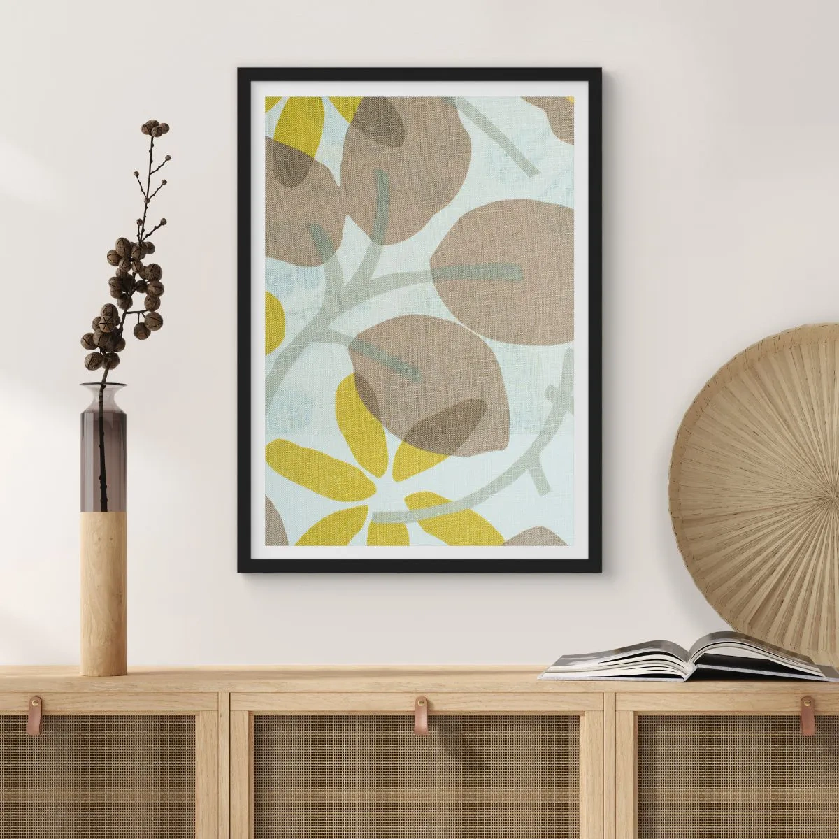 Plakat i sort ramme - Delikat botanisk grafik i naturlige farver - 50x70cm - Komposition i solskinnet - Moderne vægdekoration til stue og soveværelse ARTTOR