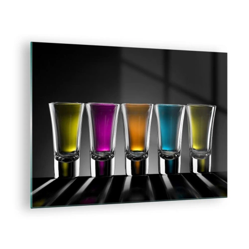 Billede på glas - Farverige briller på en sort baggrund i minimalistisk stil - 70x50cm - Glædens farver - Moderne vægdekoration til stue og soveværelse ARTTOR