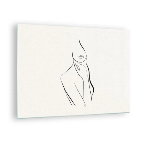 Billede på glas - En minimalistisk linje, der viser en kvindelig silhuet mod en lys baggrund - 70x50cm - Bølge af melankoli - Moderne vægdekoration til stue og soveværelse ARTTOR