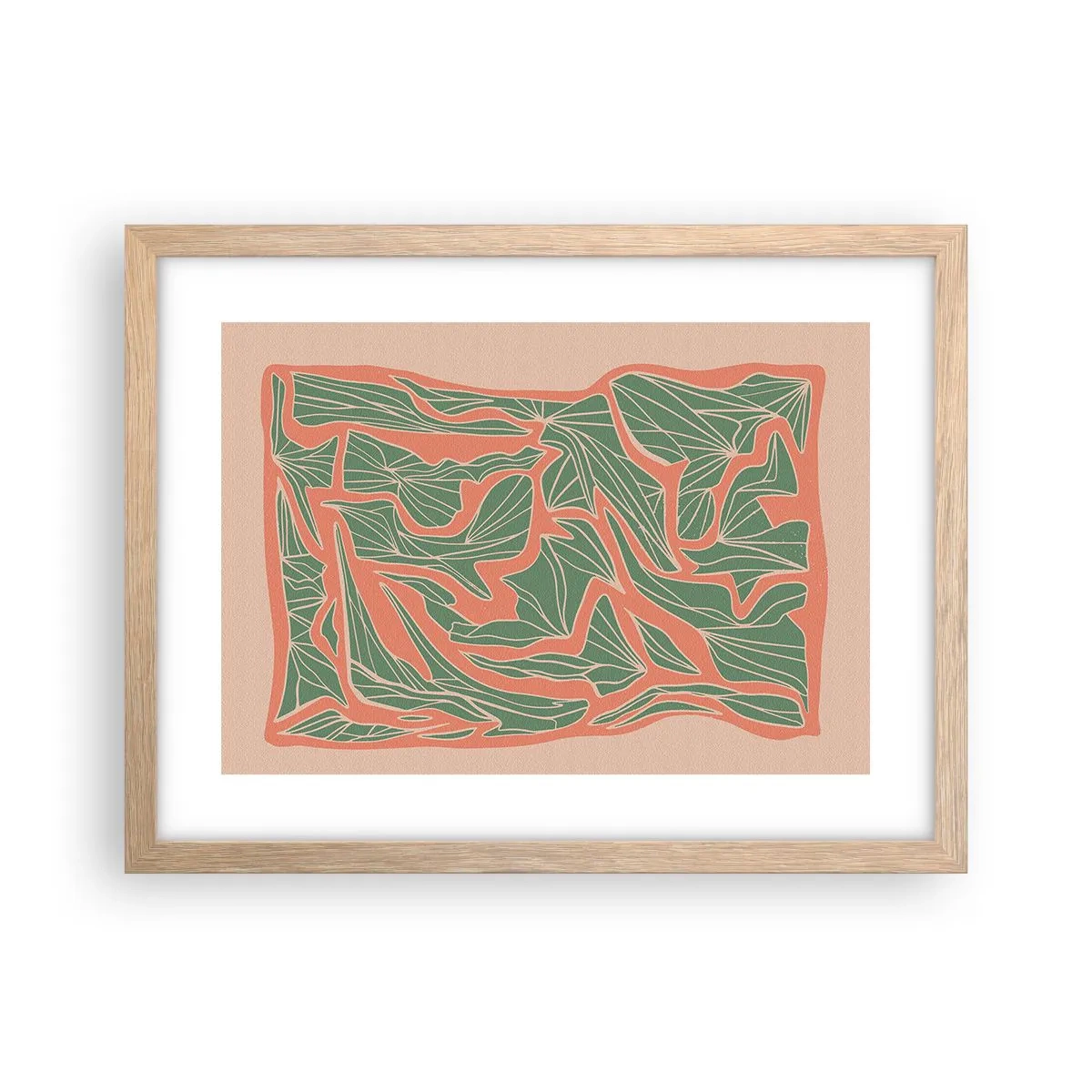 Plakat i ramme af lyst egetræ - En kamp mellem koral og grøn - 40x30 cm