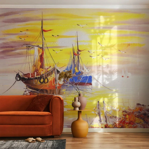 Fototapet på mål Premium Canvas - Et velfortjent hvil i havnen - Fiskebåd, Fiskeri, Fugle