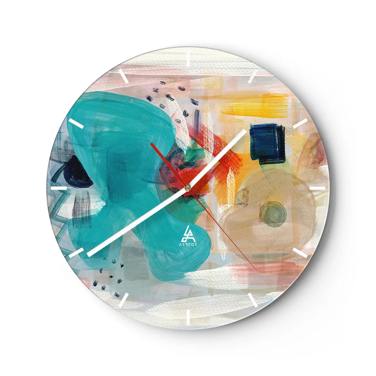 Vægur, Uret - Abstrakte farvepletter i nuancer af turkis, rød og gul - 30x30cm - Et farverigt spil - Moderne vægdekoration til stue, køkken og soveværelse ARTTOR