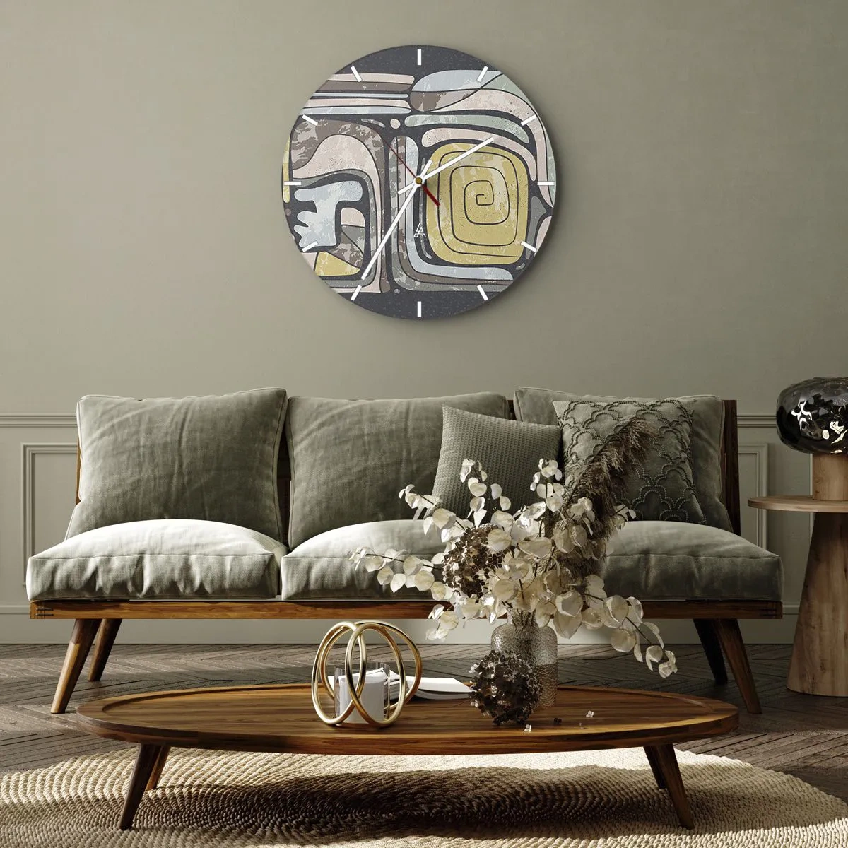 Vægur, Uret - Abstrakte former med spiralmotiv i etnisk stil - 30x30cm - Abstraktion i en præcolumbiansk ånd - Moderne vægdekoration til stue, køkken og soveværelse ARTTOR
