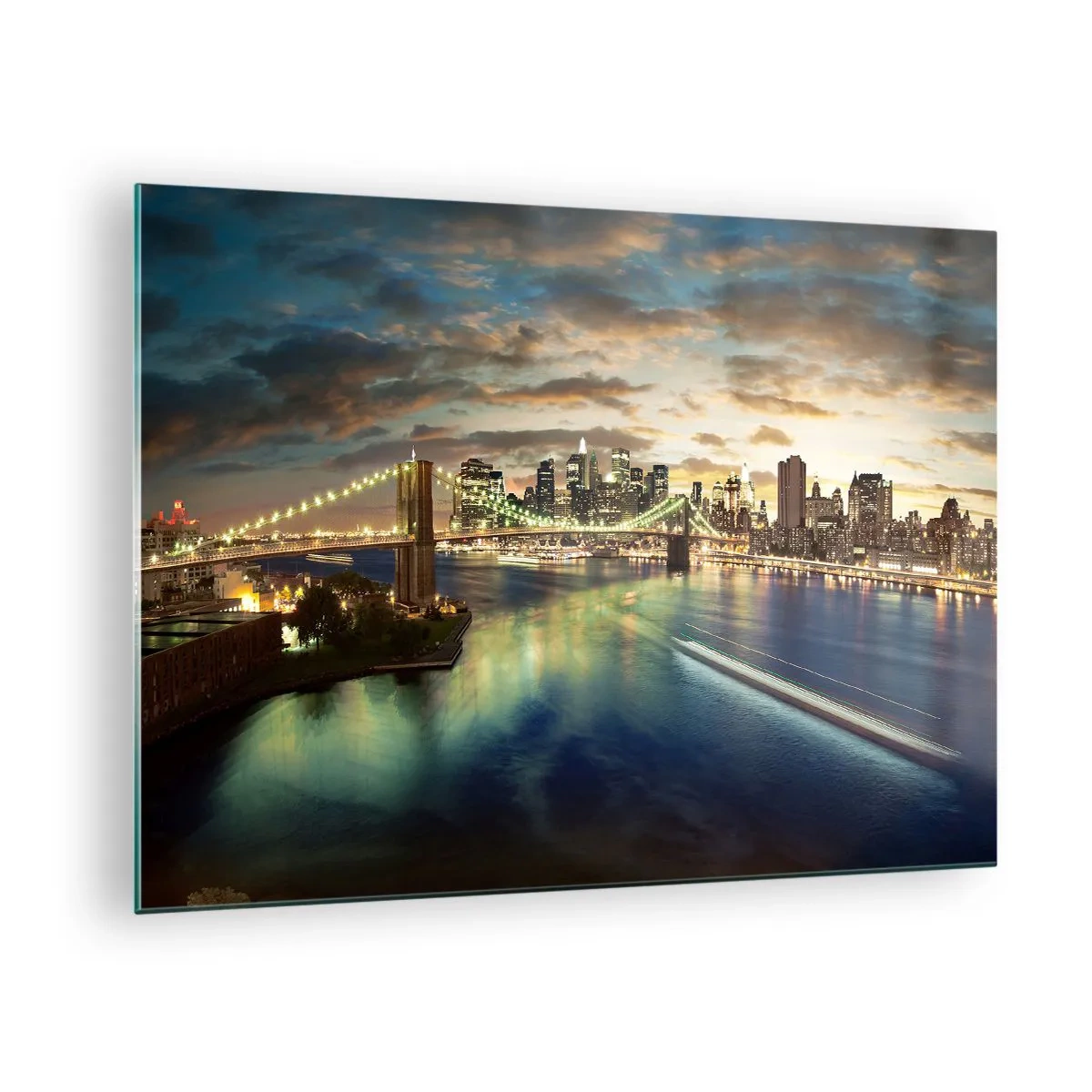 Billede på glas - Udsigt over broen og byen ved solnedgang - 70x50cm - En oplyst aften over Manhattan - Moderne vægdekoration til stue og soveværelse ARTTOR