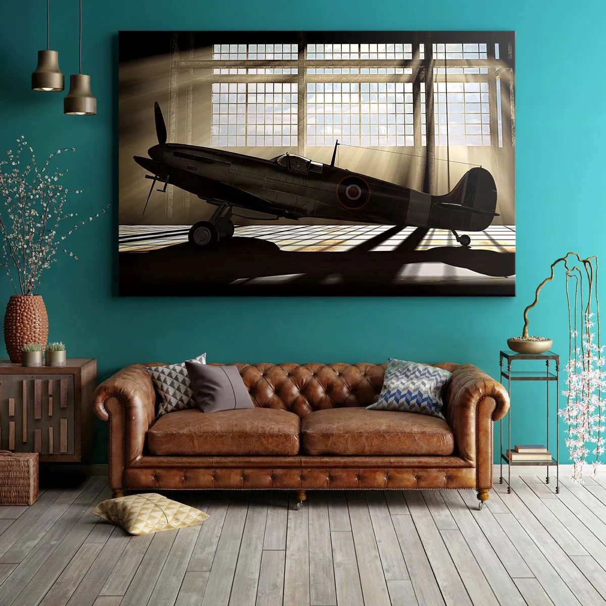 Lærredstryk - Billede på lærred - Et historisk fly i en hangar oplyst af sollys - 70x50cm - Resten af krigeren - Moderne vægdekoration til stue og soveværelse ARTTOR