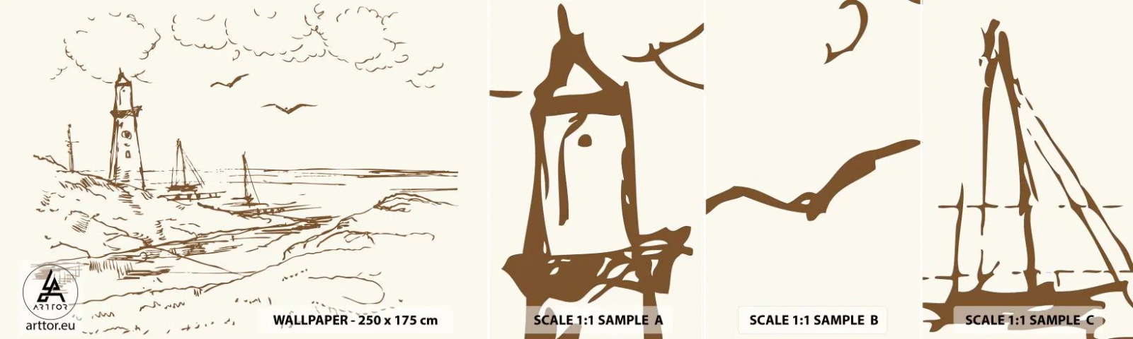 Prøve Fototapet Selvklæbende Deluxe Sticker - Oversigt over sommerminder - Grafik, Kyst, Fyrtårn - 100x30 cm