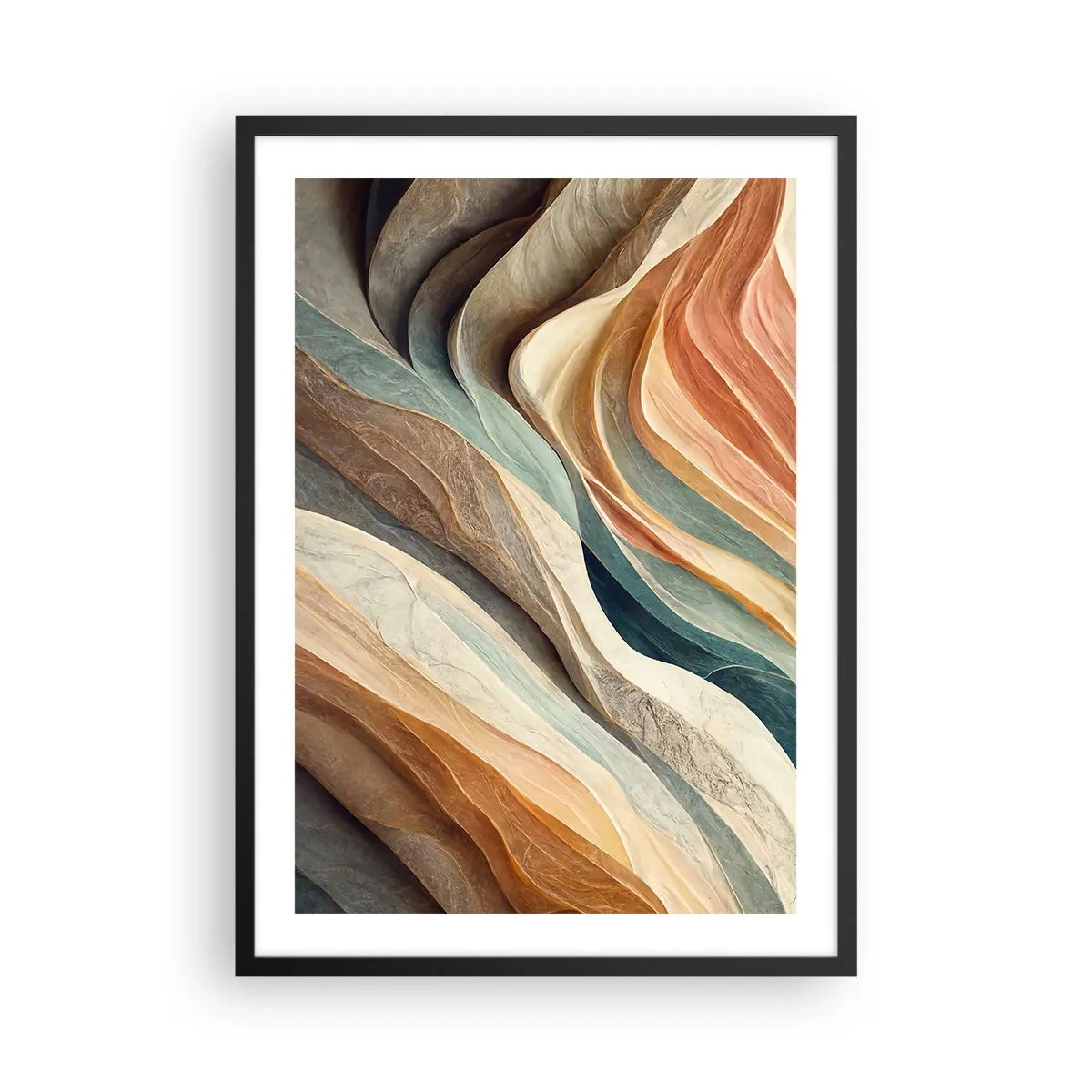 Plakat i sort ramme - Organiske bølger i varme, naturlige nuancer - 50x70cm - Øjeblikke før forandring - Moderne vægdekoration til stue og soveværelse ARTTOR
