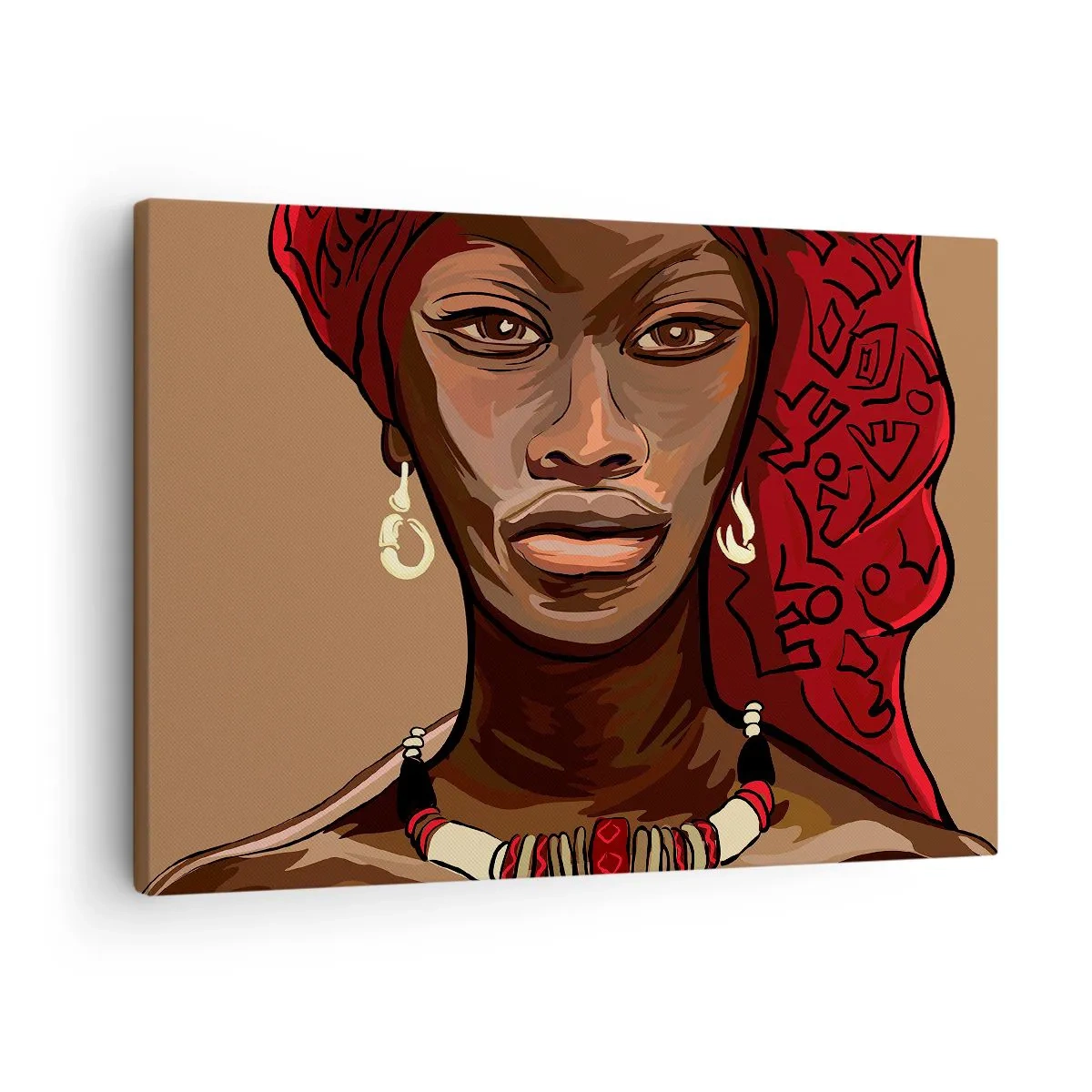 Lærredstryk - Billede på lærred - Portræt af en kvinde med en rød turban på en beige baggrund - 70x50cm - Ibenholt Venus - Moderne vægdekoration til stue og soveværelse ARTTOR